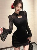 Sexy Black Womens Dresses Elegant Lace Patchwork Flare Long Sleeves Half Open Collar Bodycon Party Mini Dress Short Vestidos