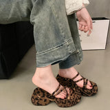 Summer Chunky Women Slippers Fashion Narrow Band Platform Flats Slides Ladies Casual Leopard Print Dress Shoes