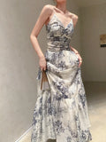Fashion New Women Summer Spaghetti Strap Floral Dress Sleeveless Vintage Casual A-Line Party Birthday Long Dresses Female Robe
