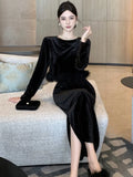 Autumn Solid Velvet Skirts Suit for Women Elegant Chic O-Neck Long Sleeve Tops Fashion High Waist Split Skirt Two Pieces Set New