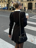 Contrast Color Lapel Suit Dress Elegant Office Woman Outfits Pleatd Splice High Waist Mini Dress Double Breasted Fashion