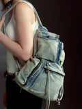 New Casual Large Capacity Denim Exquisite Clutches Drawstring Multiple Pockets Practical Backpacks Zip Business Moda Bags