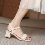 Ladies Shoes Square Heels Open Toe Women's Sandals for Party and Weddings Buckles Korea Daily Comfortable Elegant Vintage H Shoe