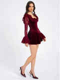 Lace Flare Long Sleeve Sexy Mini Dress For Women Elegant Burgundy Lace-up Square Collar Backless Club Party Dress