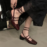 With Medium Heels Red Sandals for Women Buckles Summer Square White Ladies Shoes Footwear Daily Designer Chic and Elegant
