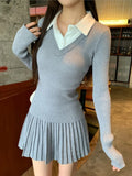 Y2K Sweet Knitted Skirts Suit Preppy Style Long Sleeve Pullover Top + Pleated A-Line Mini Skirt Womens Two Pieces Set New Outfit