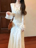 Elegant Party Dresses Woman Autumn Lace-up V-Neck Flare Sleeve Evening Party Long Dress Casual Vestidos Robe Female Clothing New