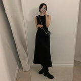 Hollow Out Dress Women Elegant Solid Sleeveless A Line Midi Dresses Summer Korean Drawstring Backless Sundress Vestidos