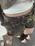 Sexy Leopard Printed Denim Shorts Women Vintage Y2k Low Waist Gyaru Streetwear Summer Chic Female Retro Short Jeans