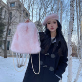 Luxury Faux Fur Women's Shoulder Bags Soft Plush Ladies Travel Backpack Girls Tote Bag Solid Color Female Fluffy Handbags Purse