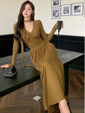 Elegant Solid Pleated Knitted Dress for Women Autumn V-Neck Long Sleeve Slim Party A-Line Chic Vestidos Female Evening Dresses