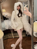 Winter Knitted Sweater Dress with Hooded Women Slim Bodycon Y2k Mini Dress Faux Fur Female One Piece Dress Korean Elegant