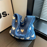 Knitted Single Shoulder Bags Fashionable Solid Color with Heart Shaped Women's ToteBags High Capacity Portable Shopping Bag