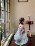 Butterfly print backless camisole dress for women's summer temperament buttocks wrapped long slim fit waist fishtail Dress