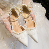 Luxury Silk White Wedding Shoes for Women Summer Pearl Ankle Straps High Heels Pumps Woman Pointed Toe Heeled Dress Shoes