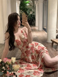 Summer Sexy Beach Style Party Dress Women Korean Casual One Piece Sleeveless Floral Long Dress Lady V-neck Outwear