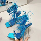 Rhinestone Butterfly-knot Transparent Square Toe Women Sandals Summer Fashion Cross-tied  High Heels Shoes