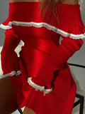 Knit Off-Shoulder Sweater Mini Dress Women's Lace Patchwork Ribbed Slim Backless Elegant Party Dress Knitwear Mini Dress