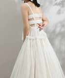 New Summer Strapless Back Hollow Out Square Pleated Slim Big Hem White Temperament Dress Women Fashion 