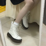 With Laces Short Shoes for Women Chunky Female Ankle Boots Lace-up Sports Booties Leather Kawaii Cute White Footwear Sneakers Pu