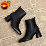 Work Women's Ankle Boots Leather Brown Heeled Short Shoes for Woman Very High Heels Footwear Booties Black Designer Luxury Sale