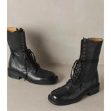 autumn/winter new women's cow leather lace-up mid-calf motorcycle boots square toe high quality soft half boots