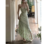 Sparkly Sequin Long Evening Party Gown Sexy V-neck Backless Irregular Tassels Pretty Elegant Fishtail Camisole Dress