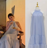 French Elegant Women's Summer Fashion New Sleeveless Strapless Bowknot Blue Long Skirt Kawaii Vest Prom Dress