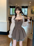 Contrast Color Korean Bow Patchwork Women Dress Slim Waist Tunic Sweet Dresses Y2k Aesthetic Fashion Elegant Puff Sleeve Vestido