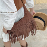 Vintage Brown Womens Shoulder Bag Tassel Y2k Fashion Bohemian Style Crossbody Bag Designer Solid Color New Female Handbag