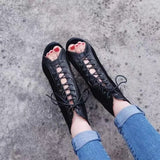 Sandals Hollow Mesh Heels Women's Shoes Summer Trend Black Lace-Up Sexy Peep Toe Boots Stilettos Jazz Dance Female Shoes