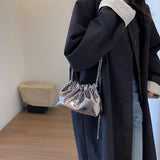 Small Silver Crossbody Bags for Women  Korean Fashion Designer Female Bucket Bag Lady Chain Drawstring Handbags