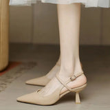 Summer Pointed Toe White Pumps Heeled High Heels Footwear Buckles Ladies Shoes Beige Sandals for Women H Korea Comfort Sale