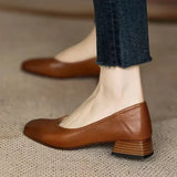 Shallow Women Low Heels Shoes New Brand Trend Elegant Square Toe Pumps Chunky Leather Mature Office Dress Zapatillas Mujer