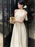 Elegant Dresses for Women Solid New Summer Holiday Style Halter Sleeveless A-line French Evening Dress Party Prom Robe Vestido