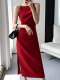 Korean Summer Elegant Slim Red Sleeveless Midi Dress Office Lady Fashion Spaghetti Straps Bodycon Split Clothes Women Vestidos