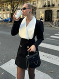Contrast Color Lapel Suit Dress Elegant Office Woman Outfits Pleatd Splice High Waist Mini Dress Double Breasted Fashion