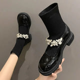 Booties Elegant with Medium Heels Ankle Mary Janes Boots for Women Round Toe Rhinestone Woman Short Lolita Shoes Autumn Hot Sale