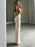 Sexy Sleeveless Swinging Collar Spaghetti Strap Dress Women Bodycon Elegant Female Backless Long Party Club Vestidos