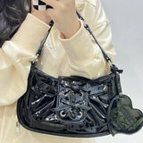 Girly Shoulder Bag Women  Ribbon Bow Pleated Patent Leather Female Bag Korea Ladies Underarm Pouch With Heart