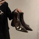 Women's Boots Autumn Shoes Boots-Women Black Rubber Pointy Med Ladies Rock Ankle PU Hoof Heels Rome Pointed Toe Micr