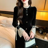 Elegant Party Lace Patchwork Velvet Midi Dresses for Women Casual Fashion Black Long Sleeve Luxurious Evening Female Clothing