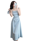 Elegant Women Satin Dress Chic Side Hollow Out Slim A-Line Formal Dresses Spaghetti Strap Square Collar Summer Vestidos