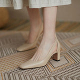 Office Ladies Summer Footwear High Heels Pumps On Heeled Square Toe Shoes For Women Fashion Leather Casual Slip A Vacation