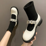 Booties Elegant with Medium Heels Ankle Mary Janes Boots for Women Round Toe Rhinestone Woman Short Lolita Shoes Autumn Hot Sale