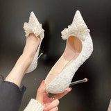 Rimocy Ladies Sexy Stiletto Heel Pearl Wedding Shoes Bride Thin High Heels White Pumps Women Pointed Toe Dress Party Shoes