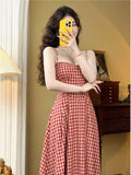 Elegant Plaid Midi Dress Women French Vintage Spaghetti Strap A-line Spring Summer Holiday Beach Style Prom Robe Vestidos Mujer