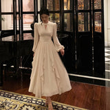 Elegant Ruffles Midi Dress Women Lantern Sleeve High Waist A-line Solid Autumn Spring Female Evening Party Vestidos Robe New