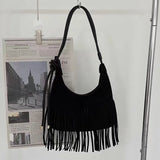 Vintage Brown Womens Shoulder Bag Tassel Y2k Fashion Bohemian Style Crossbody Bag Designer Solid Color New Female Handbag