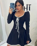 Autumn Vintage Long Sleeve Dress Elegant Black Front Puff Sleeve Lace Up Dress Party A Line Mini Women Clothing